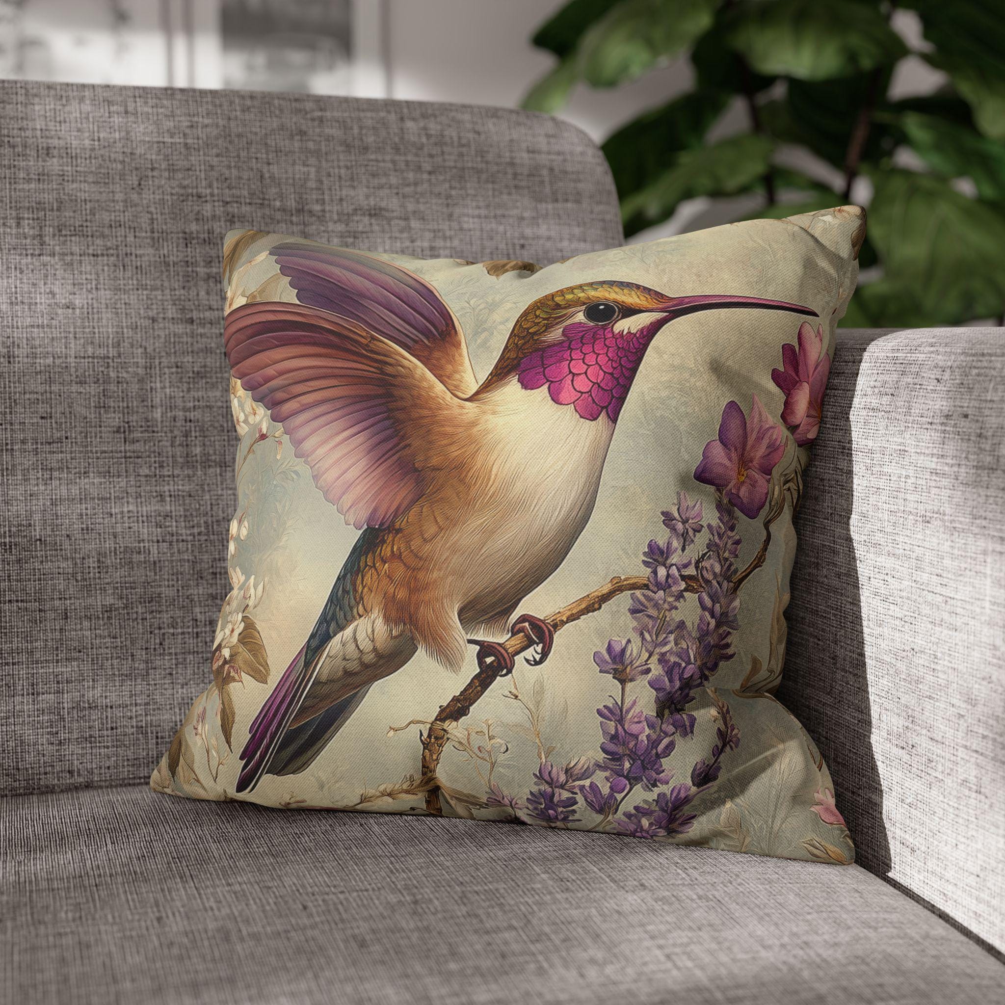 Vintage Style William Morris Inspired Hummingbird Pillow Cover: Elegant Botanical Lavender Bloom Garden Cushion