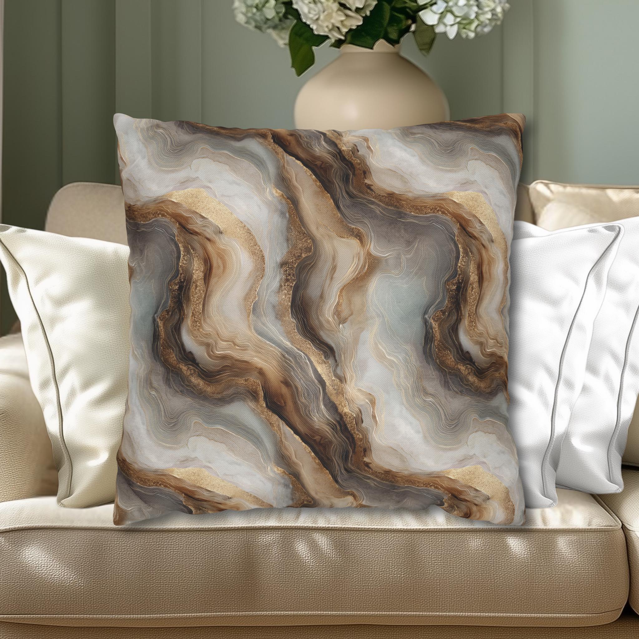 Modern Abstract Pillow Cover: Brown Marble Look with Gold Color Accents