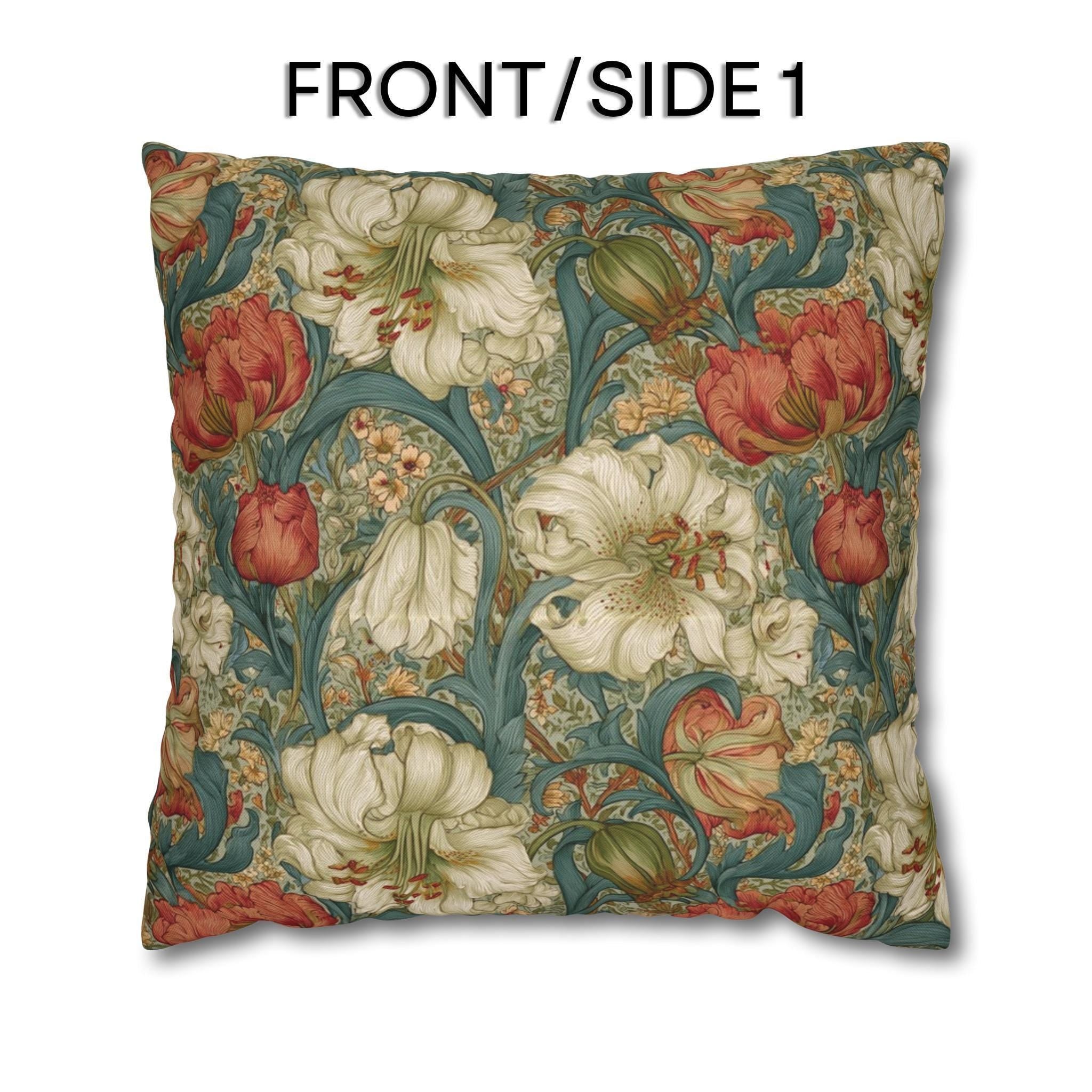 William Morris Style Pillow Cover: Ivory and Coral Lilies on a Celadon Background