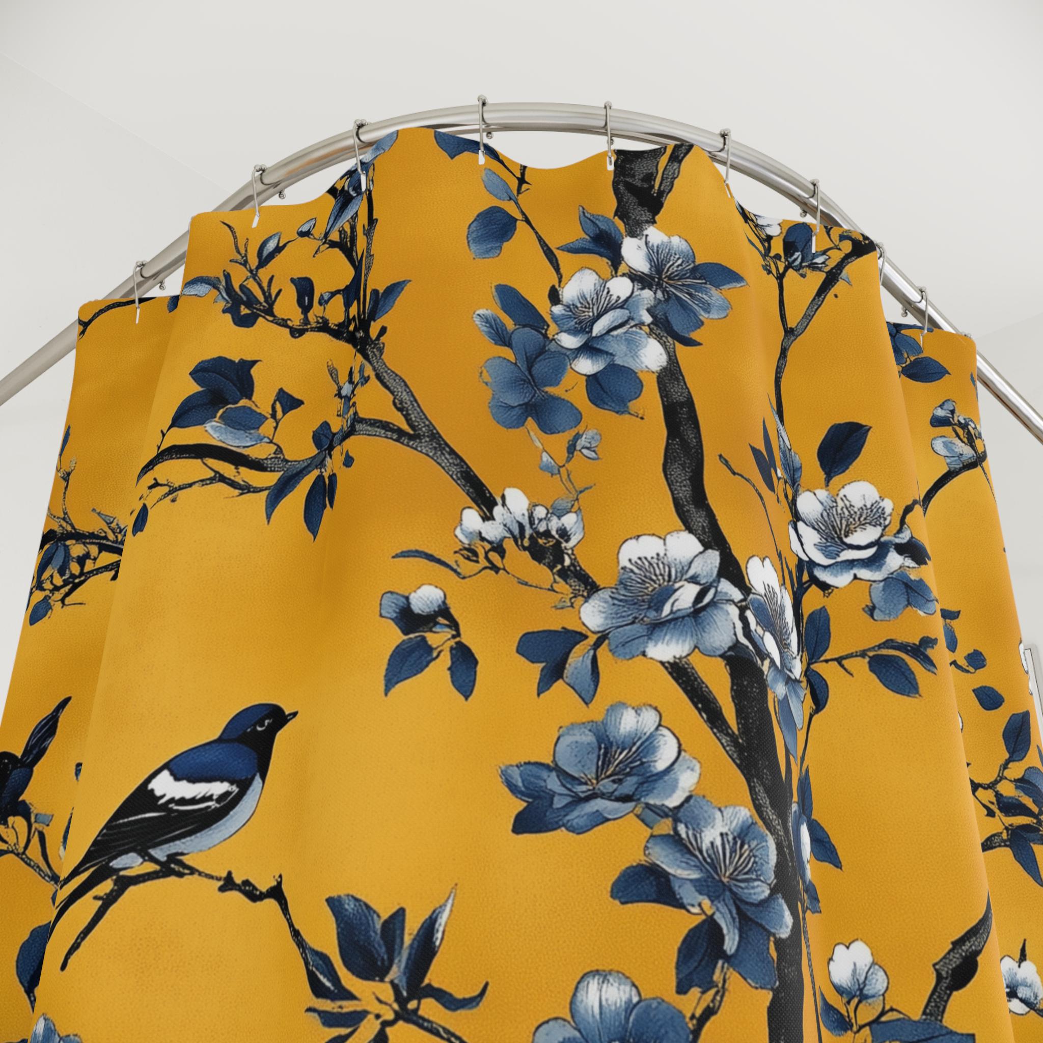 Elegant Chinoiserie Shower Curtain: Blue Birds on Golden Floral Branches, Nature-Inspired Bathroom Decor