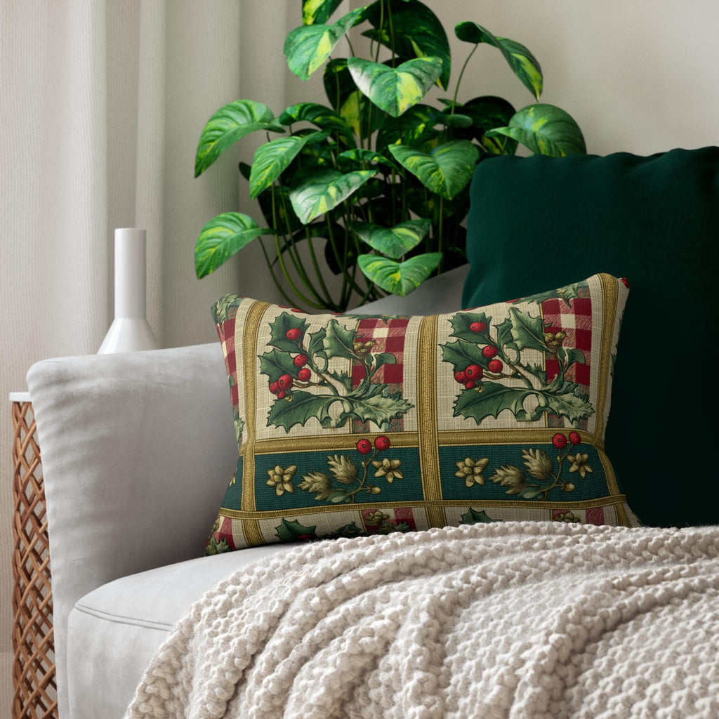 Gingham & Holly Christmas Lumbar Pillow:  Classic Vintage Holiday Style with Stripes