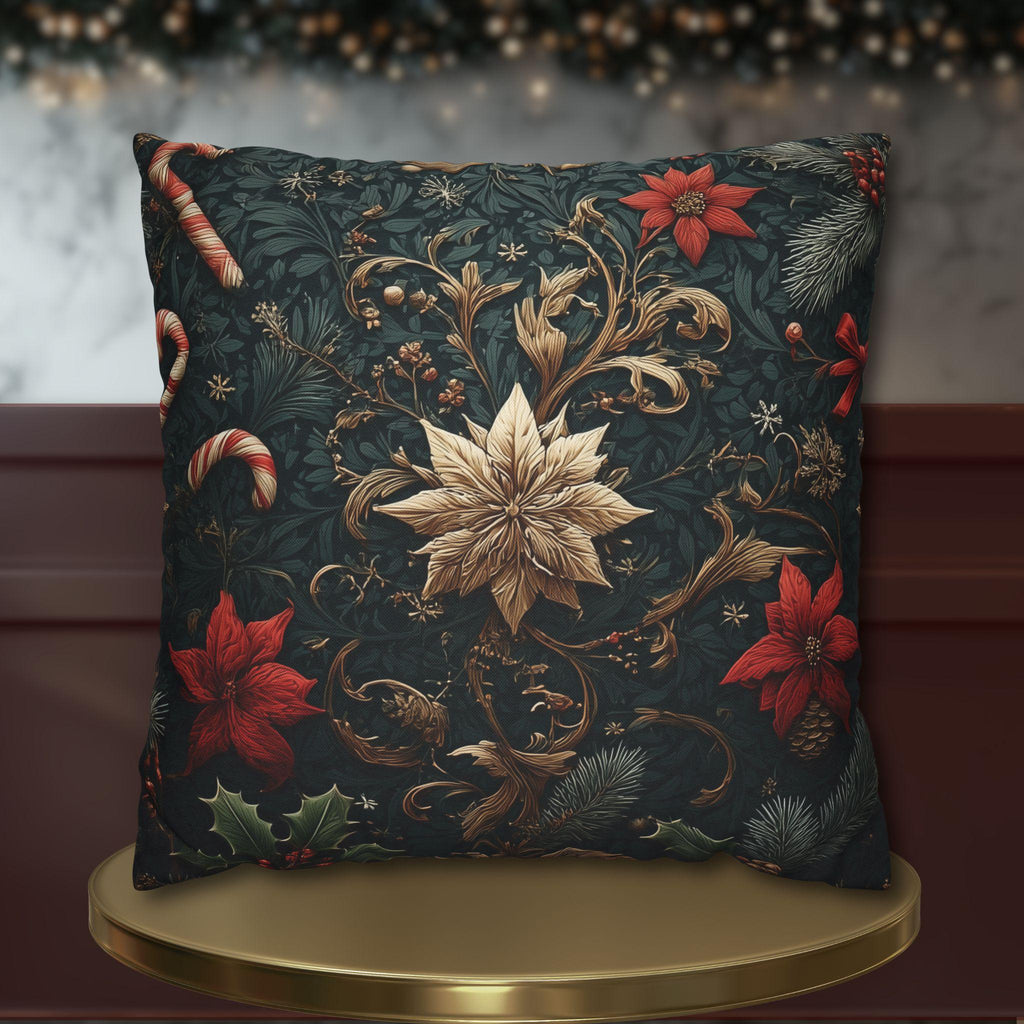Dark Botanical Holiday Pillow Cover: Gold Poinsettia, Red Florals & Candy Canes on Deep Pine