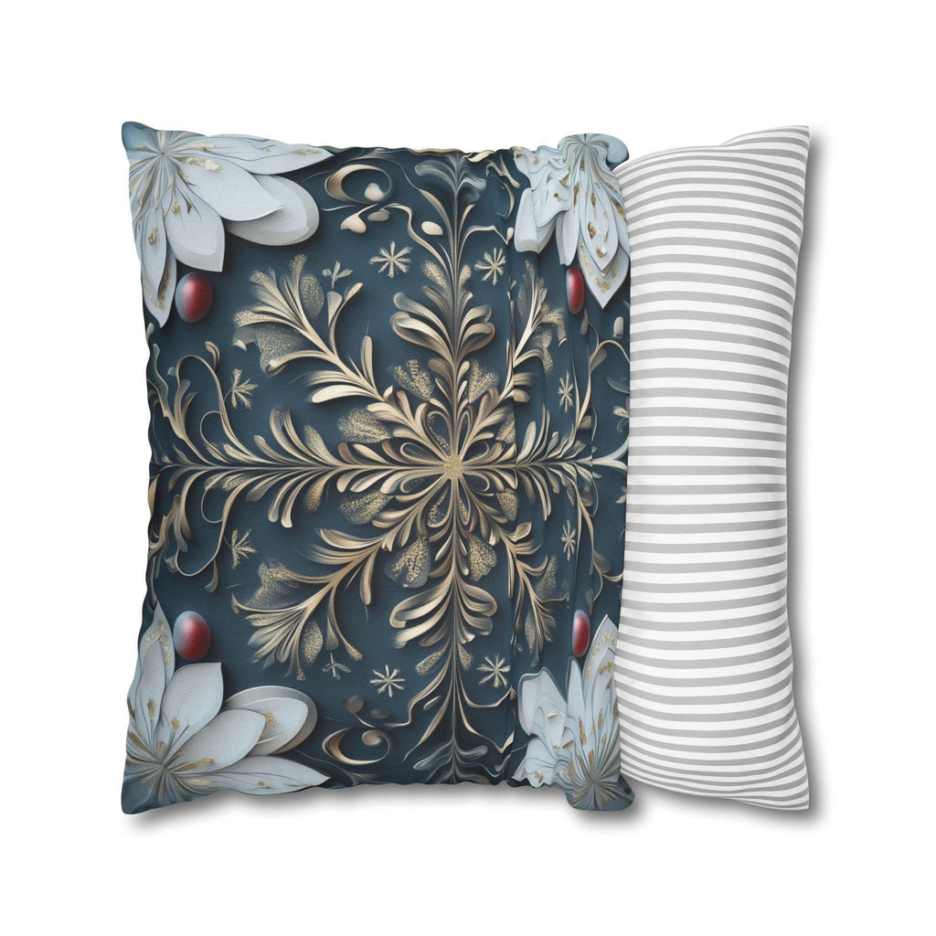Gold White & Blue Snowflake Square Pillowcase, Elegant Festive Christmas Pillow Cover
