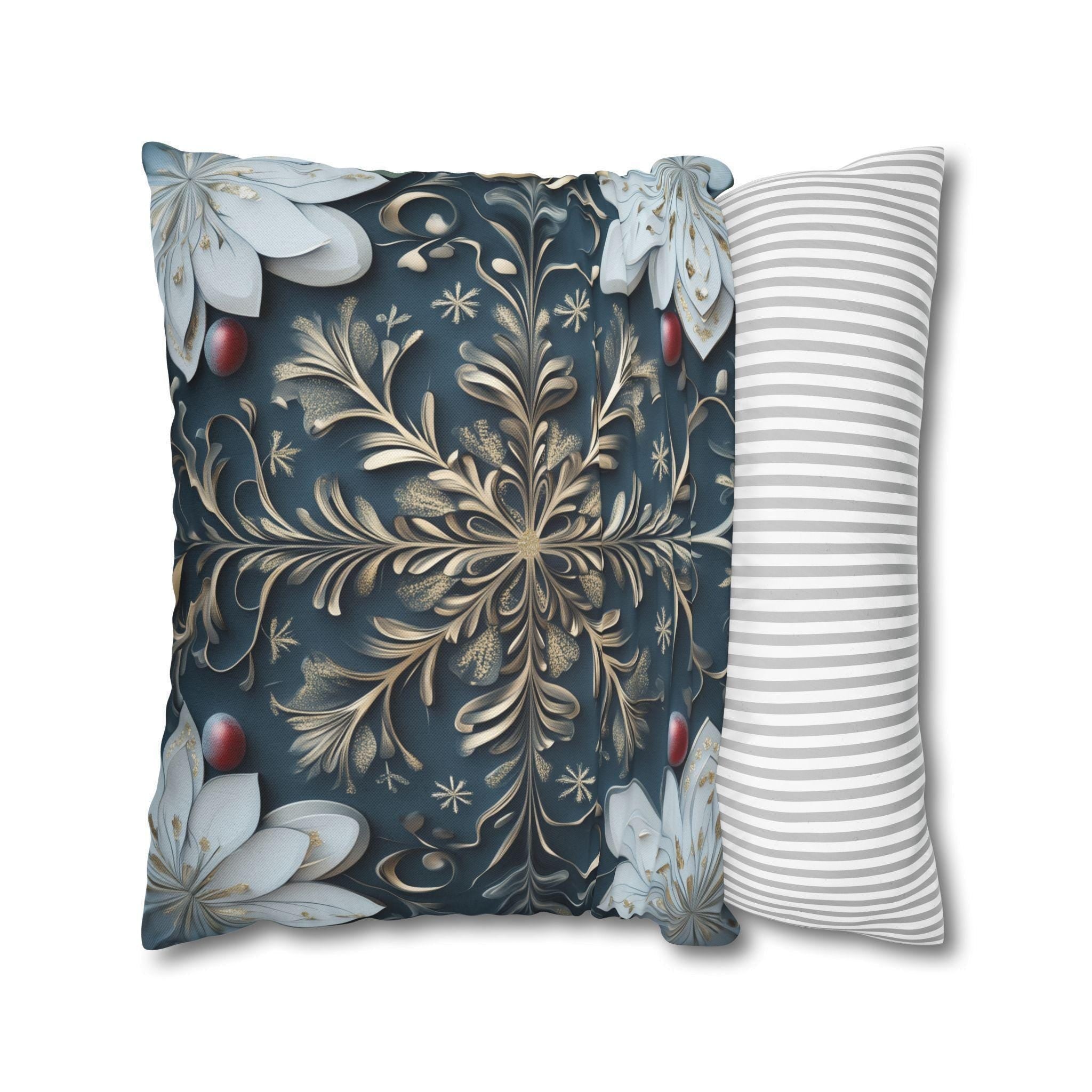 Gold White & Blue Snowflake Square Pillowcase, Elegant Festive Christmas Pillow Cover