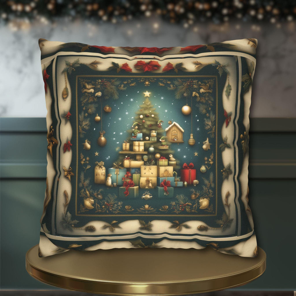 Vintage Style Holiday Pillow Cover: Storybook Christmas Tree & Gifts Design