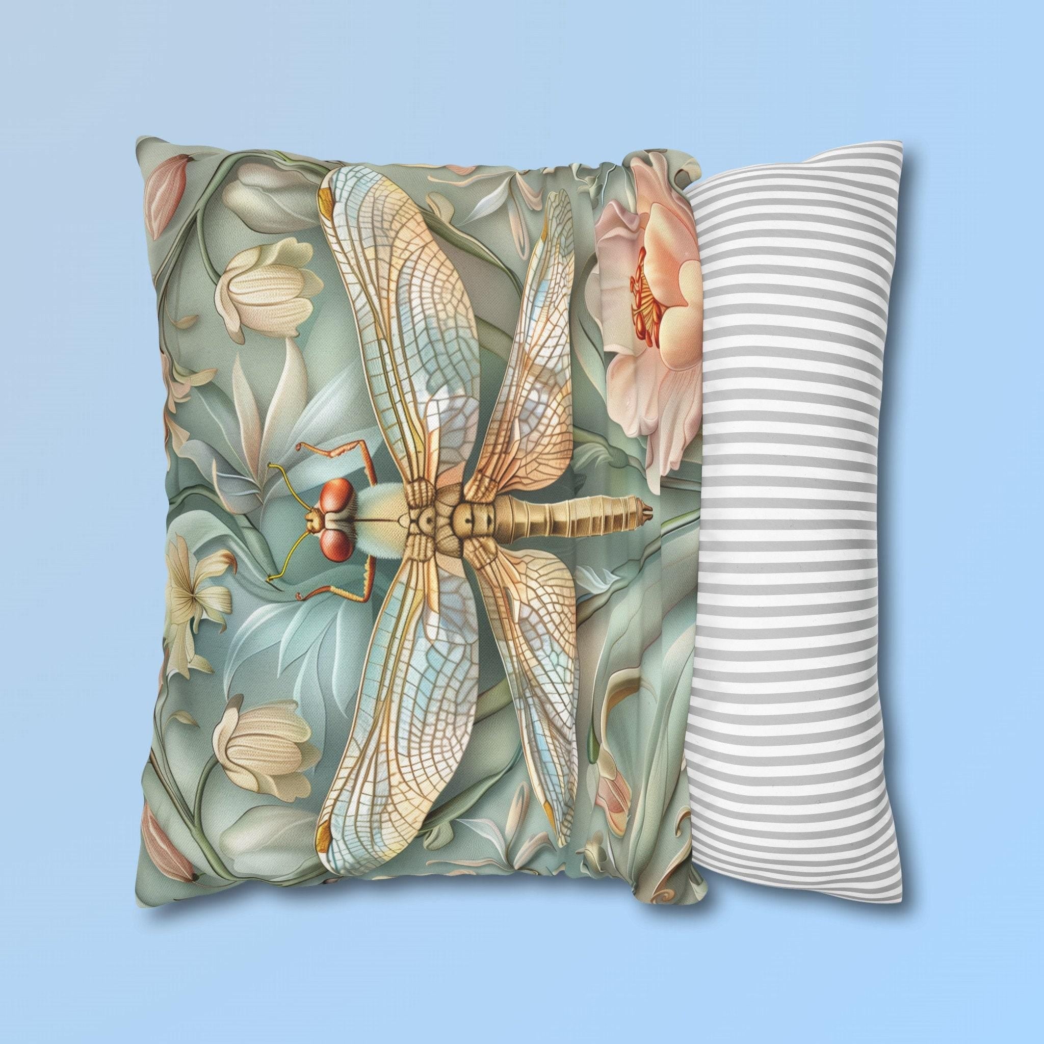 William Morris Inspired Dragonfly Pillow Cover: Elegant Blue, Gold & Pink Nature Design Gift