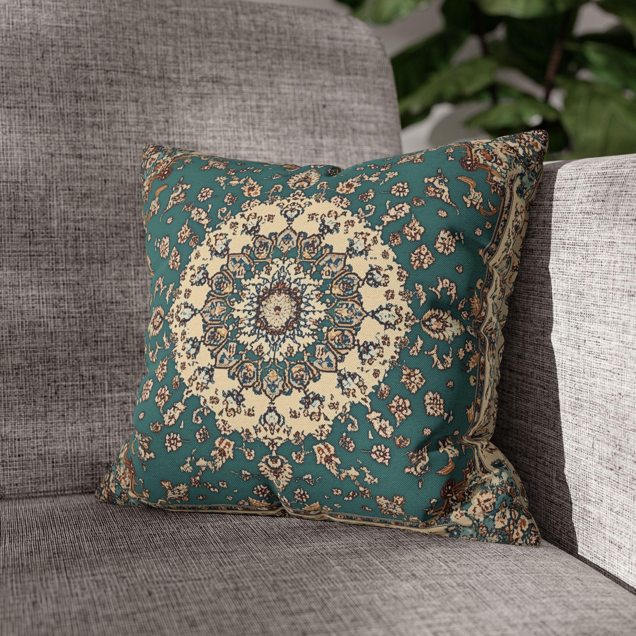 Teal and Ivory Persian-Inspired Pillow Cover: Vintage Carpet Look with Ornate Medallion Design