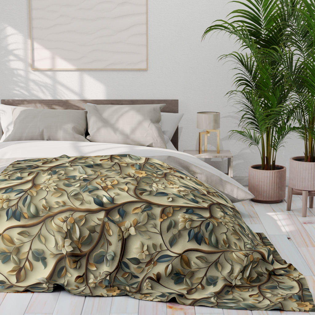 Botanical William Morris Inspired Fleece Blanket, Floral Green Gold White Beige Throw Blanket