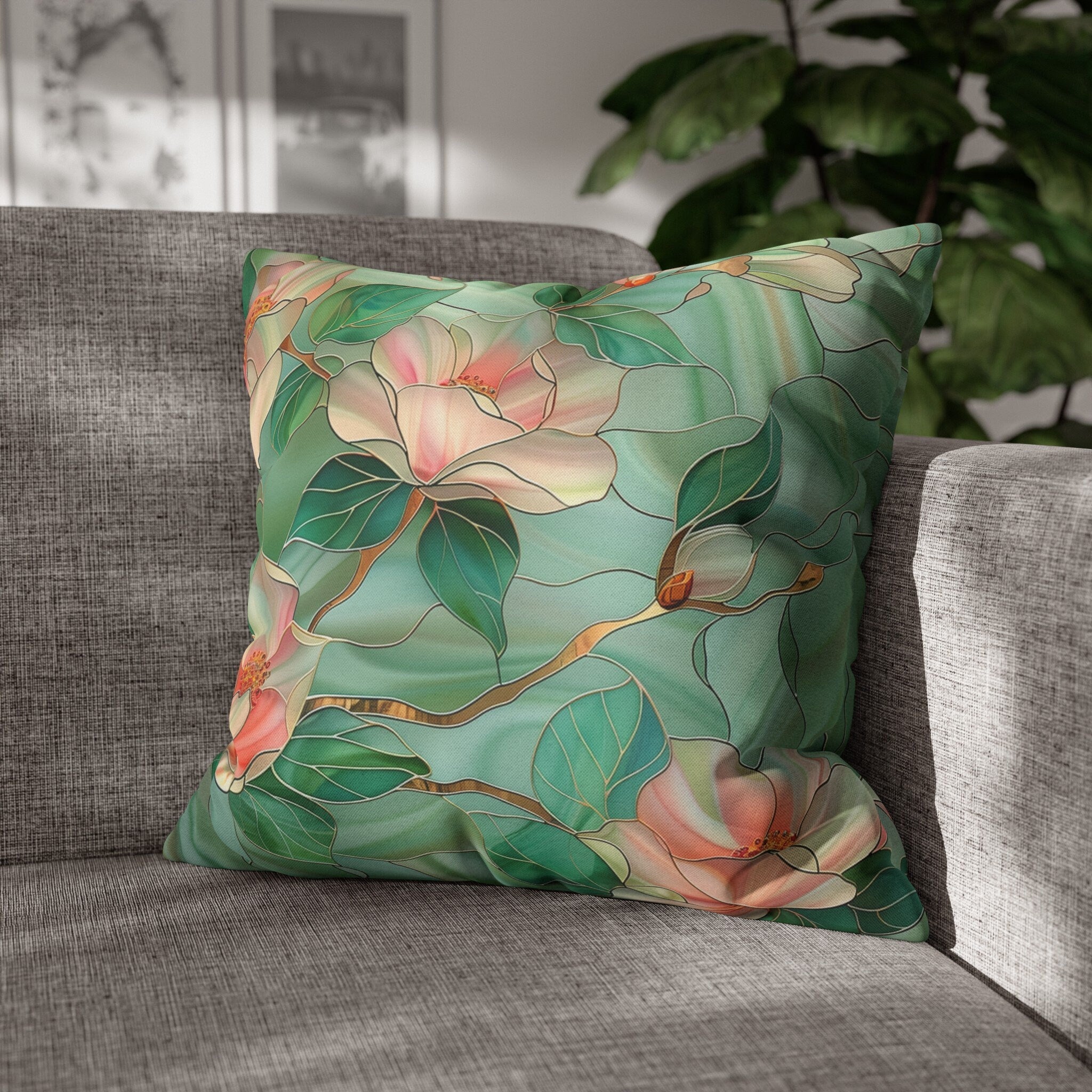 Luminous Green Chinoiserie Pillow Cover: Pink Magnolia Stained Glass Art for Home Decor