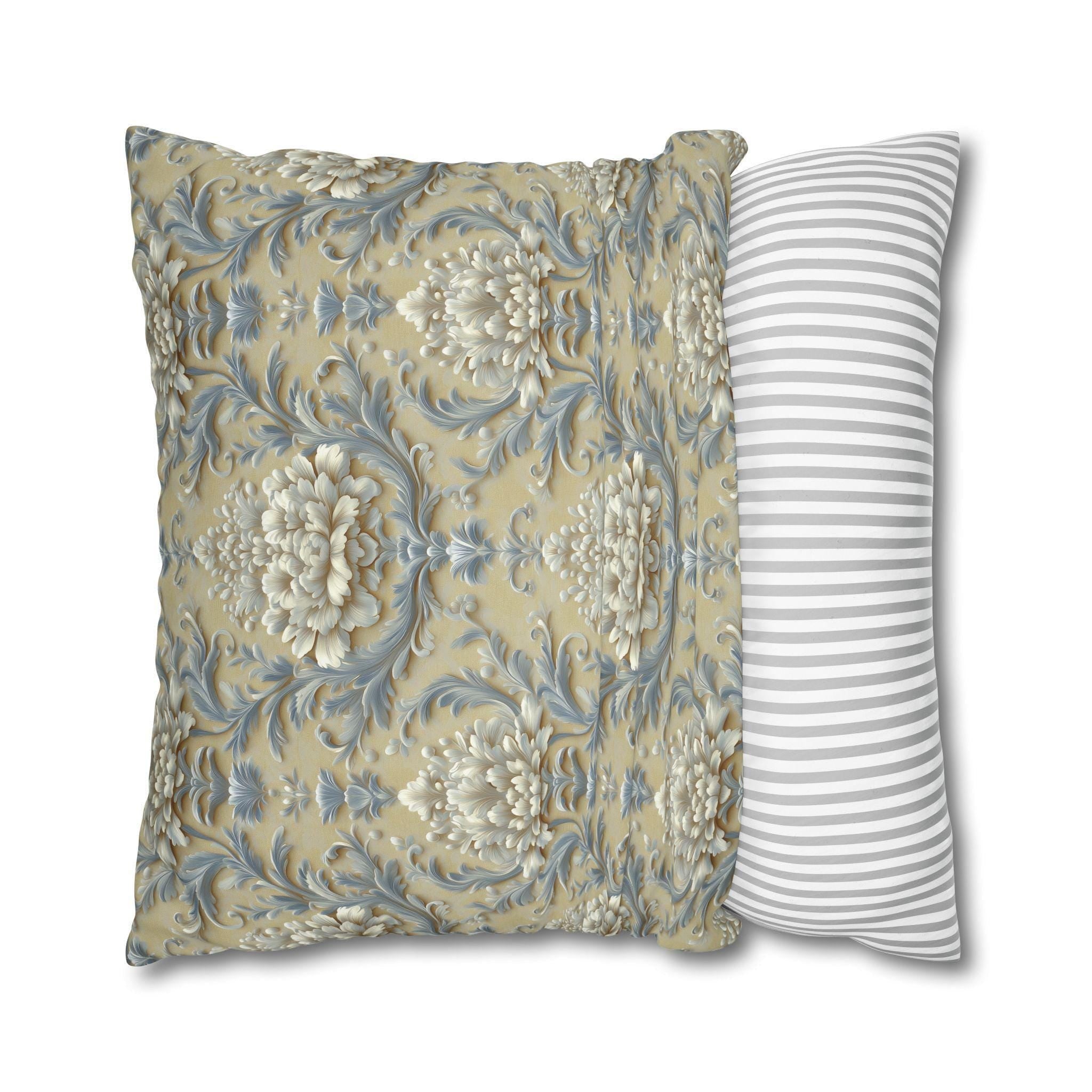 Damask Floral Pillow Cover: Blue & Gold Cushion Case - Classic Decor