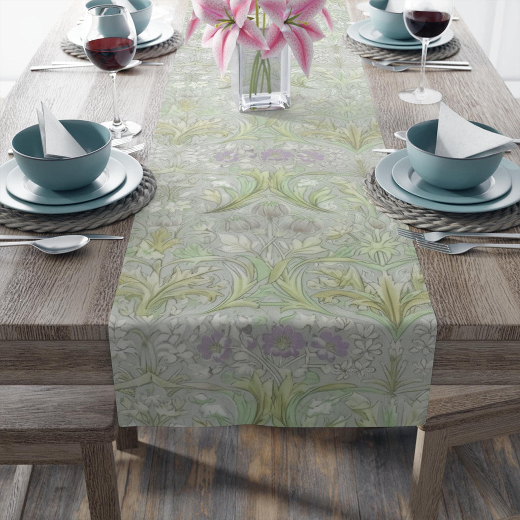William Morris inspired Table Runner: Soft Sage Botanical with Muted Lavender
