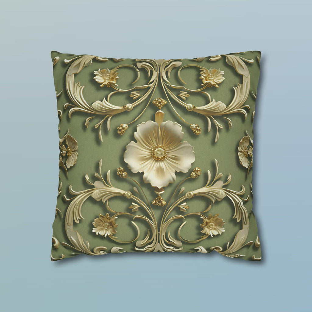 French Baroque Floral Pillow Cover: Sage Green & Gold Vintage Cushion