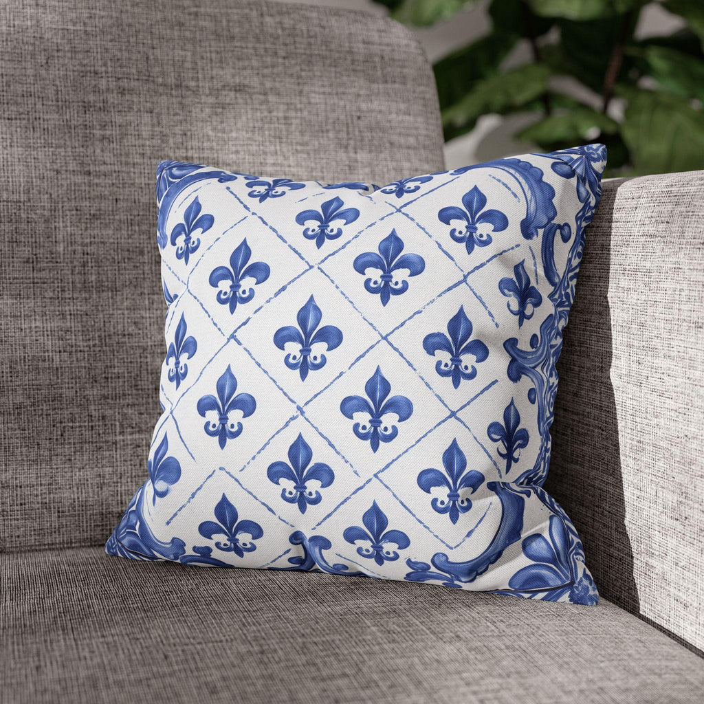 Fleur de Lis Pillow Cover: Blue & White French Tile Design