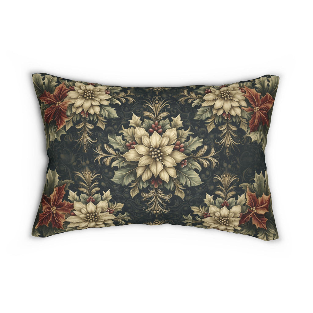 William Morris Christmas Lumbar Pillow: Ivory Poinsettia & Holly on Midnight Green
