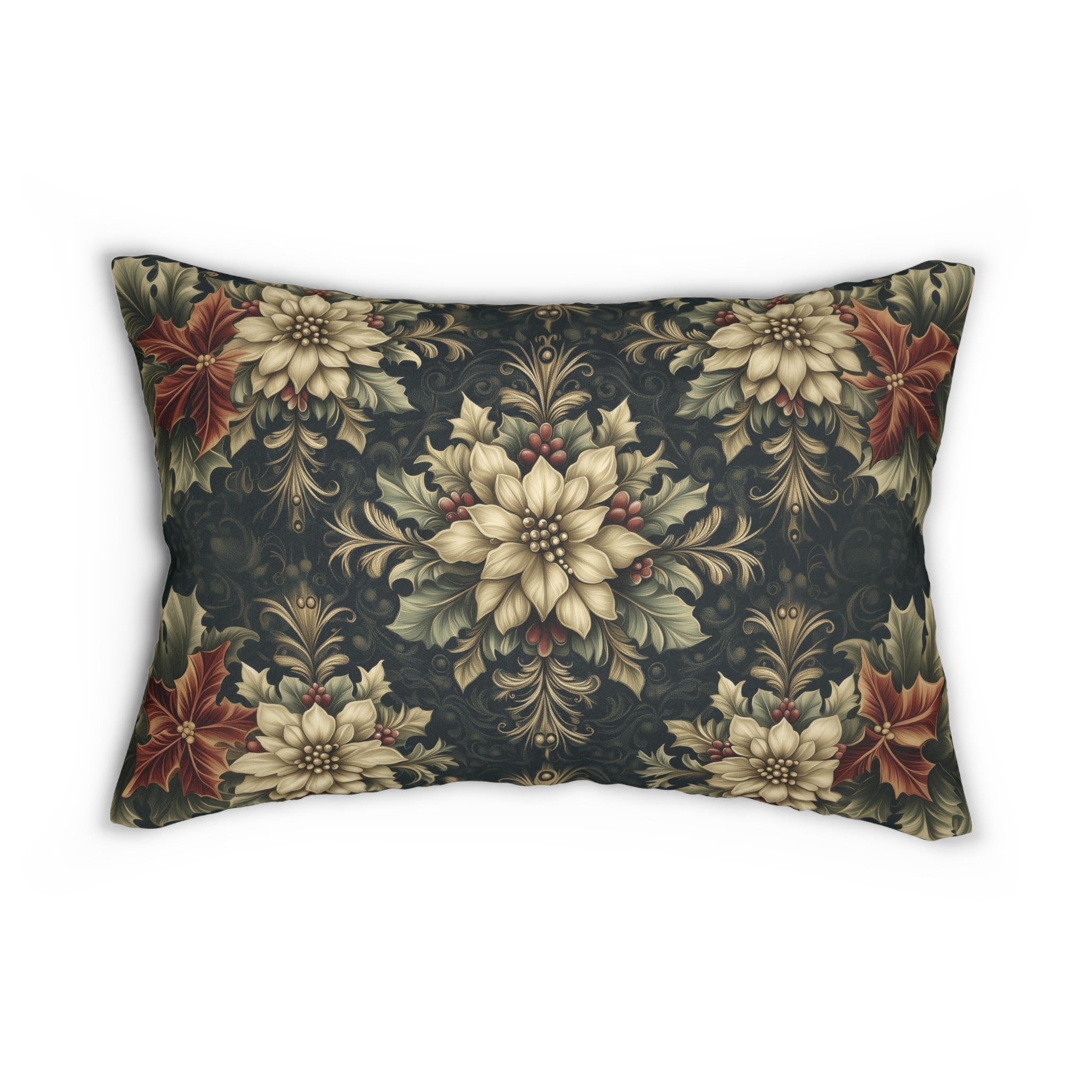 William Morris Christmas Lumbar Pillow: Ivory Poinsettia & Holly on Midnight Green