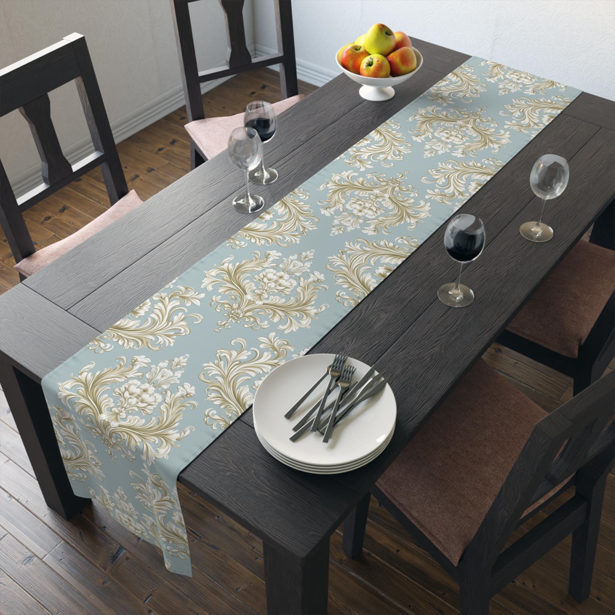 Baroque Floral Table Runner, Champagne Gold, Powder Blue