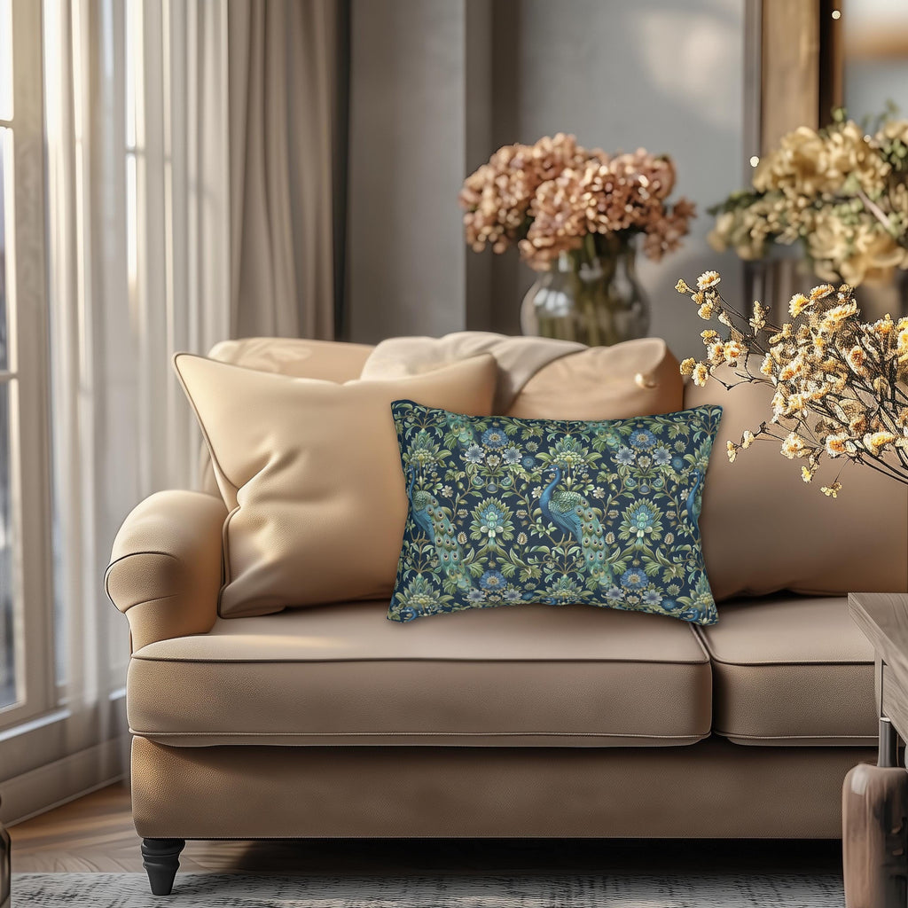 Peacock Lumbar Pillow: Navy Blue, Green, and Cream Floral Design