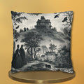 Halloween Toile Pillow Cover: Haunted House, Crows and Black Cat in Monochrome