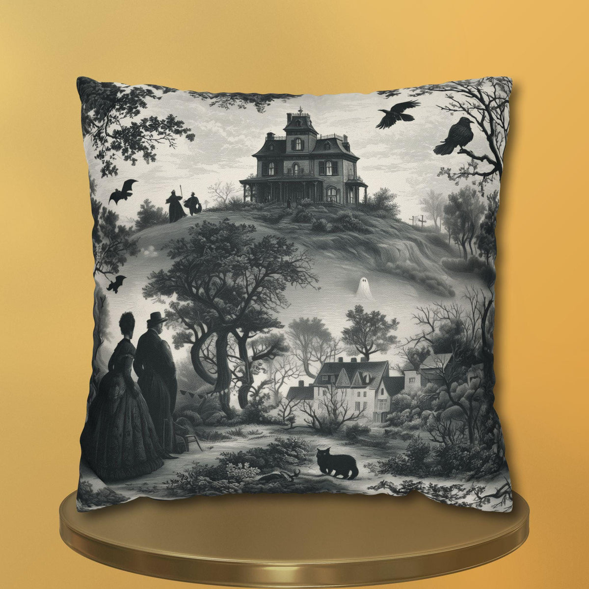 Halloween Toile Pillow Cover: Haunted House, Crows and Black Cat in Monochrome
