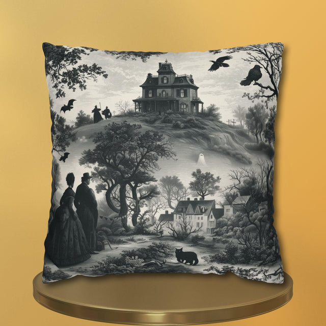 Halloween Toile Pillow Cover: Haunted House, Crows and Black Cat in Monochrome