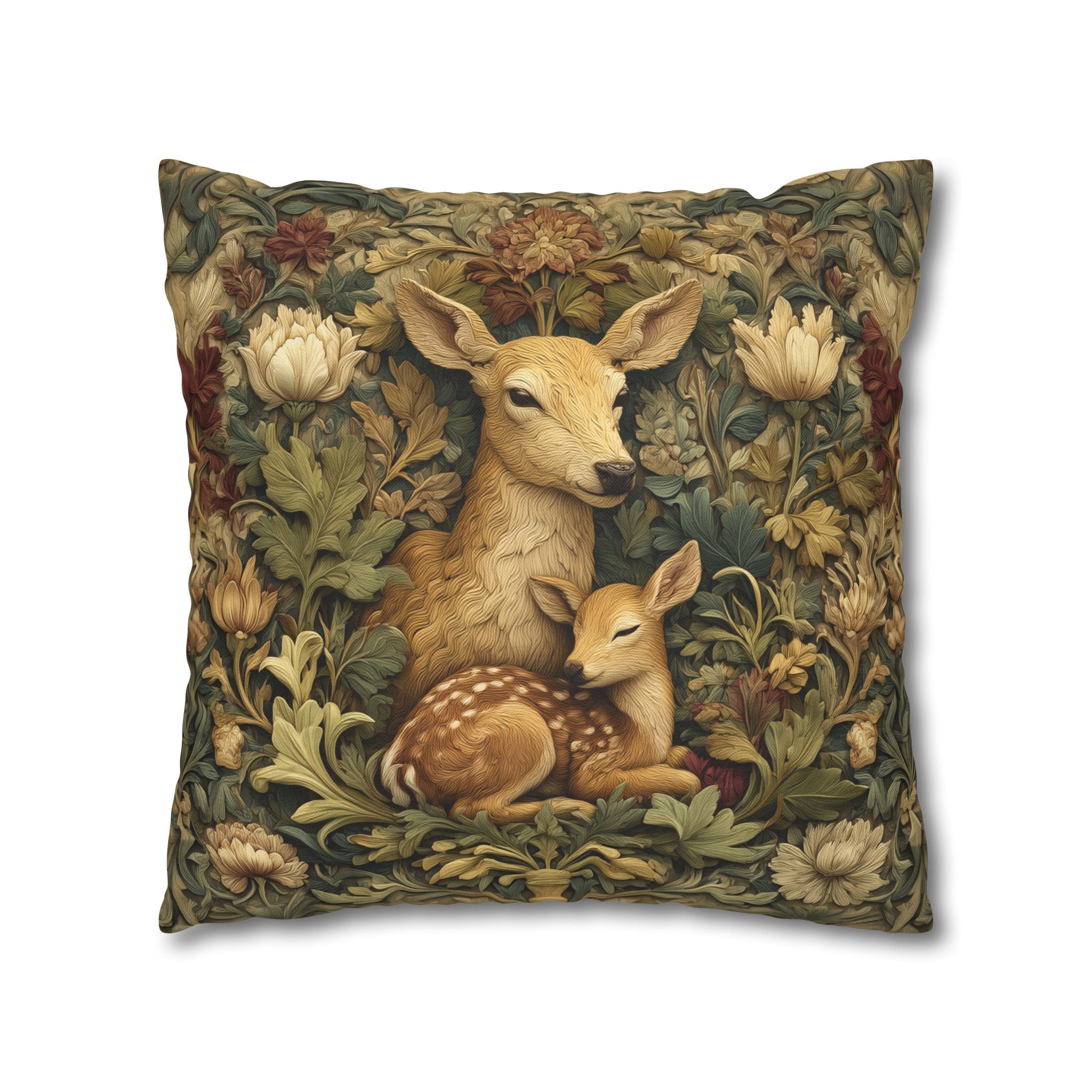 William Morris Inspired Pillow Cover:   Woodland Botanical Doe and Fawn