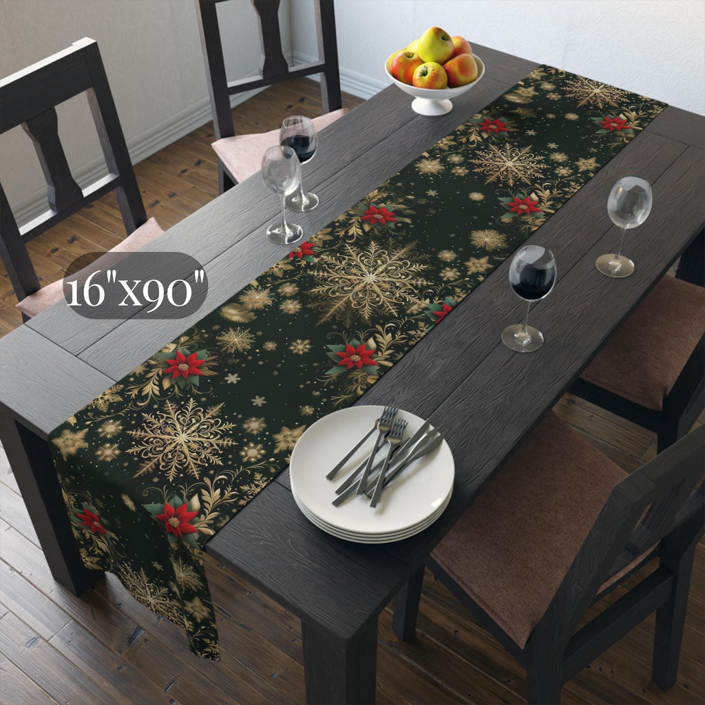 Emerald Christmas Table Runner - Gold Snowflakes and Festive Poinsettias