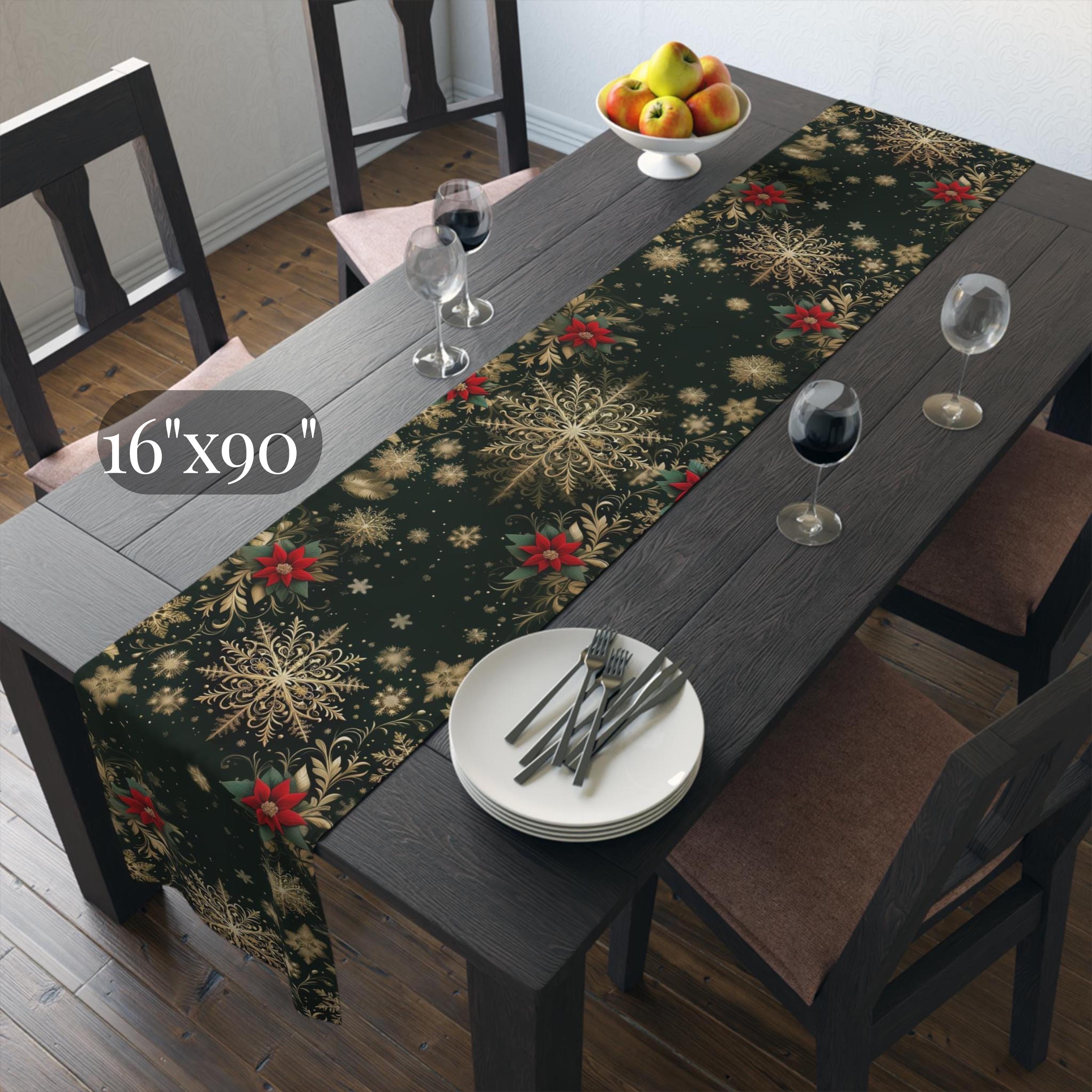 Emerald Christmas Table Runner - Gold Snowflakes and Festive Poinsettias