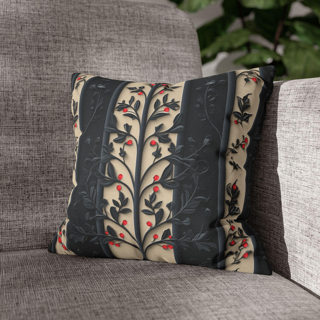 William Morris Christmas Pillow Cover: Charcoal-Navy & Ivory Stripes with Red Berries