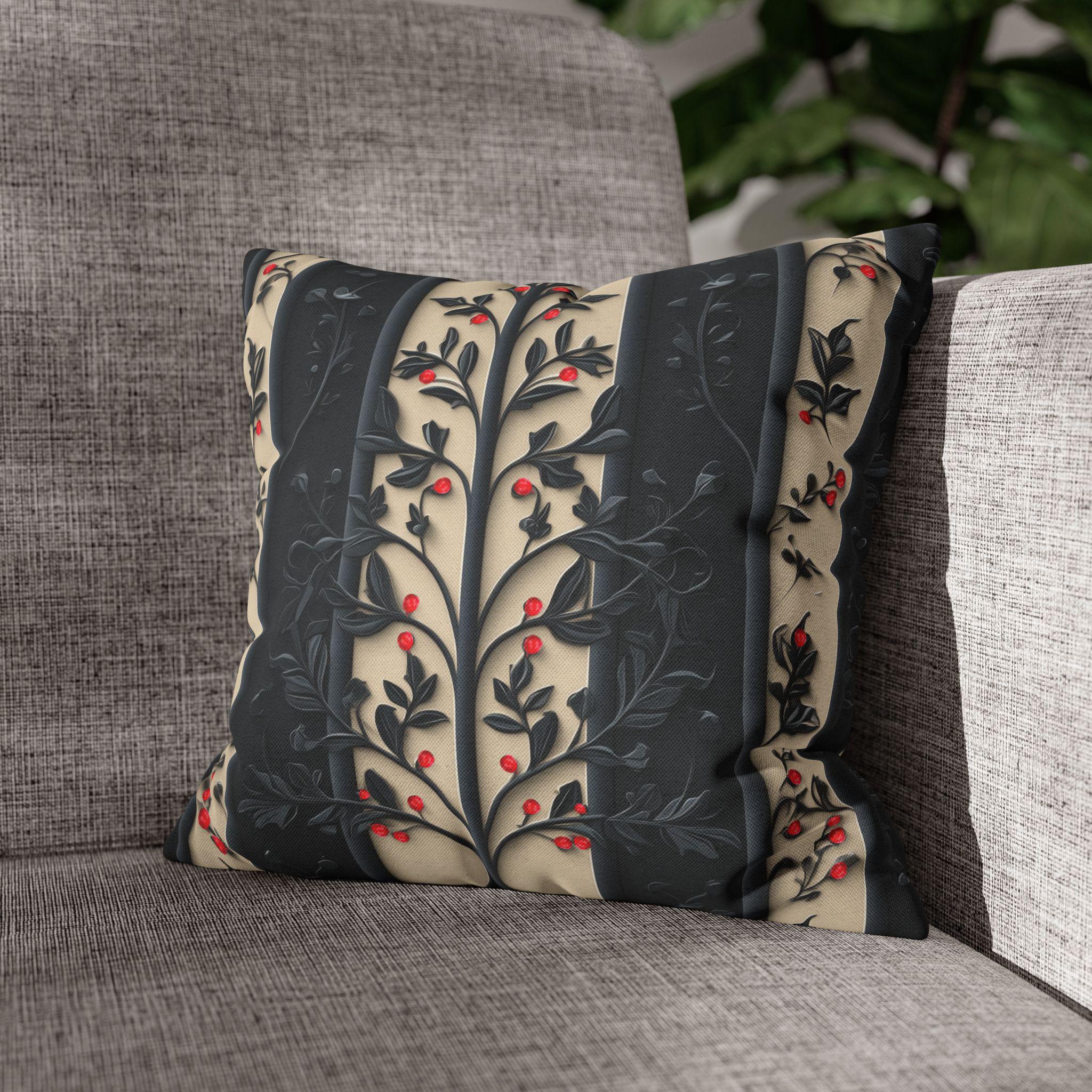 William Morris Christmas Pillow Cover: Charcoal-Navy & Ivory Stripes with Red Berries