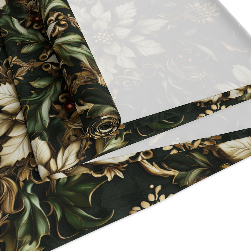 Holiday Poinsettia Table Runner,  Christmas Dining Decor in Red, Green, Gold & Creamy Beige