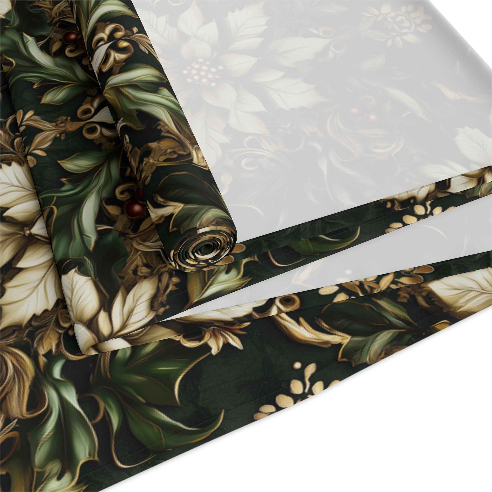 Holiday Poinsettia Table Runner,  Christmas Dining Decor in Red, Green, Gold & Creamy Beige