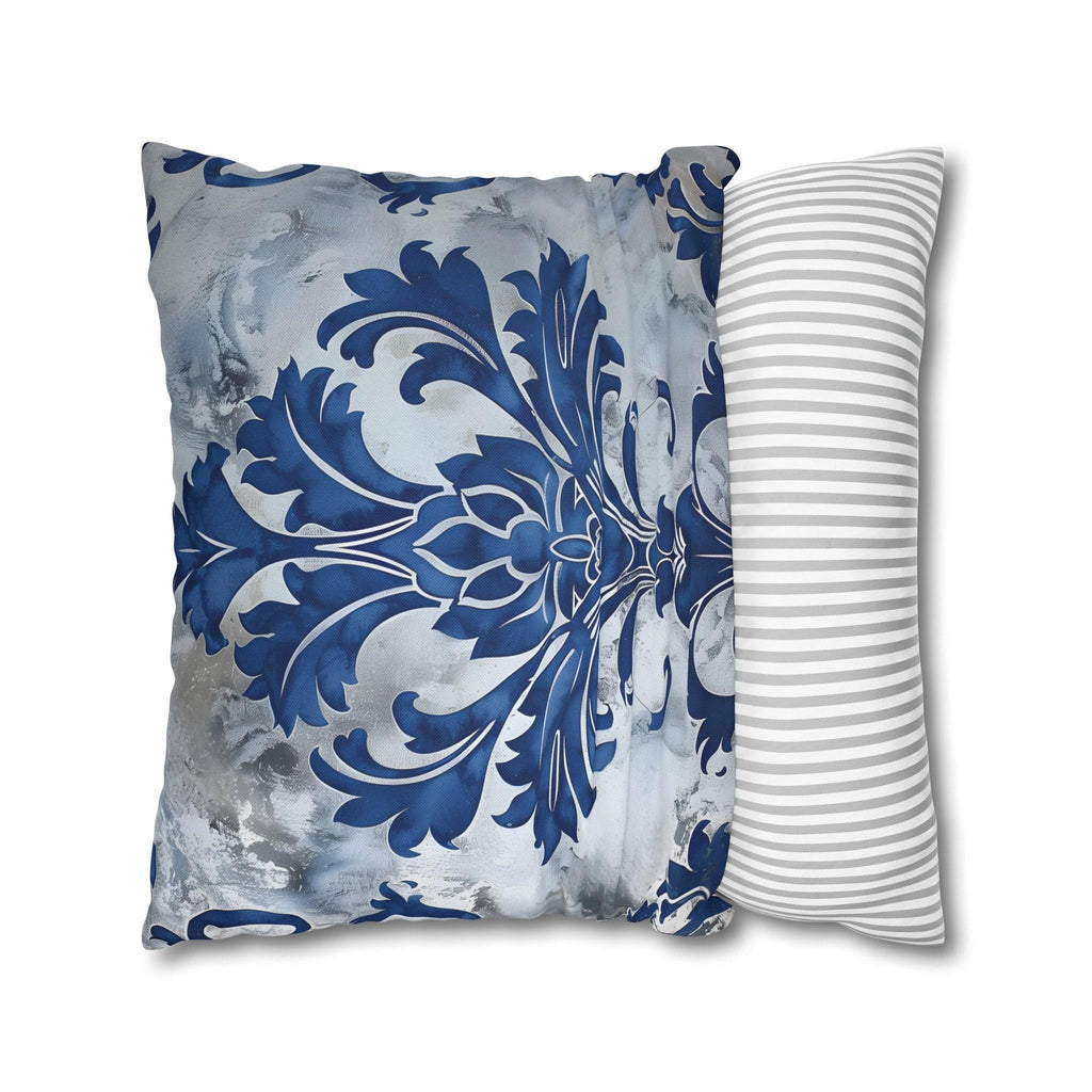 Elegant Royal Blue & Silver Baroque Floral Square Pillow Cover for Upscale Living Room Decor