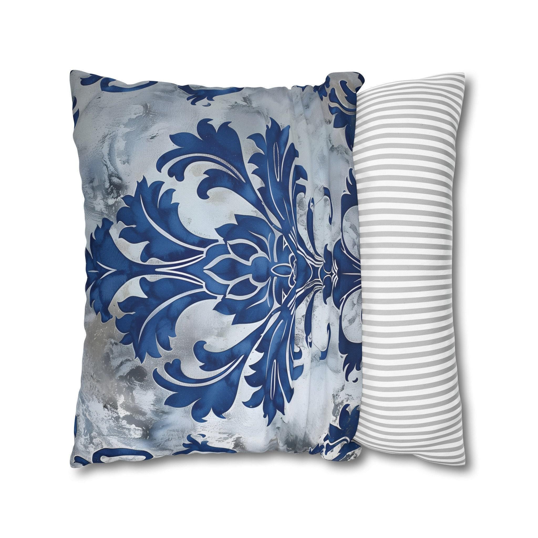 Elegant Royal Blue & Silver Baroque Floral Square Pillow Cover for Upscale Living Room Decor