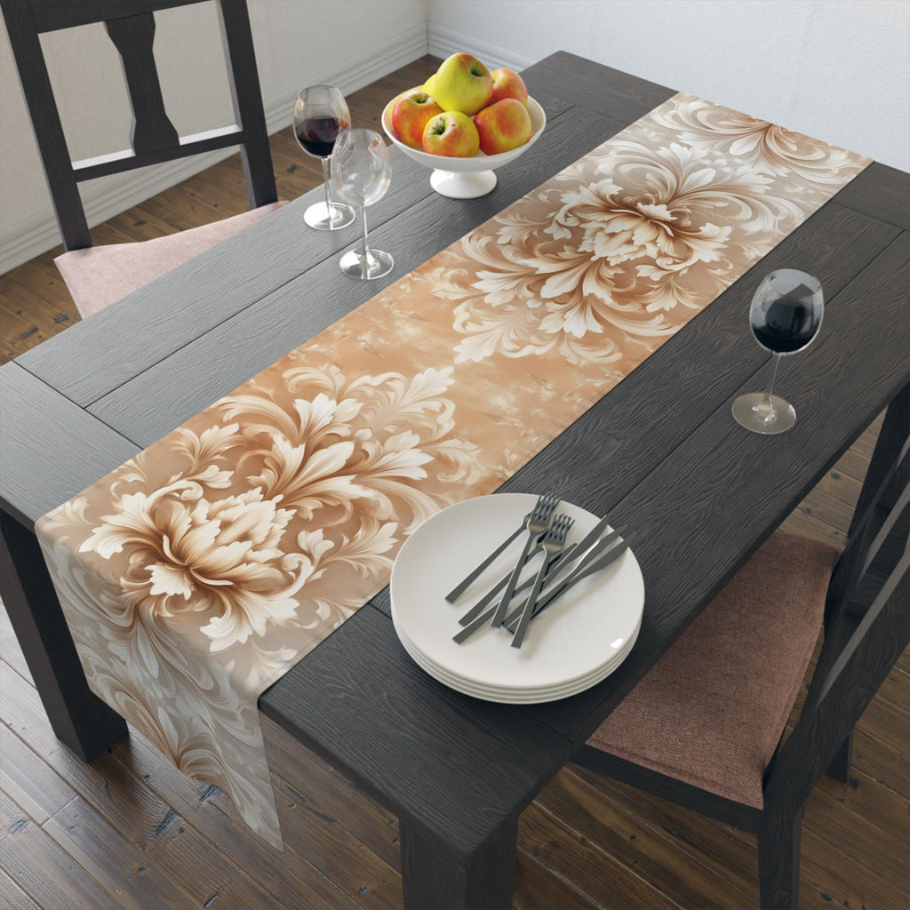 Elegant Damask Floral Table Runner: Ivory-Beige-Caramel Gradient, Luxury Home Decor Accent