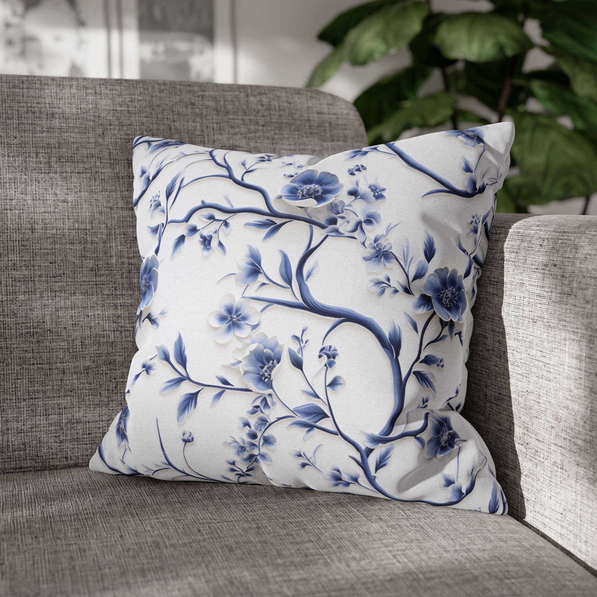Elegant Chinoiserie Pillowcase: Blue & White Floral Cushion Cover Inspired by Vintage Chinese Porcelain Art