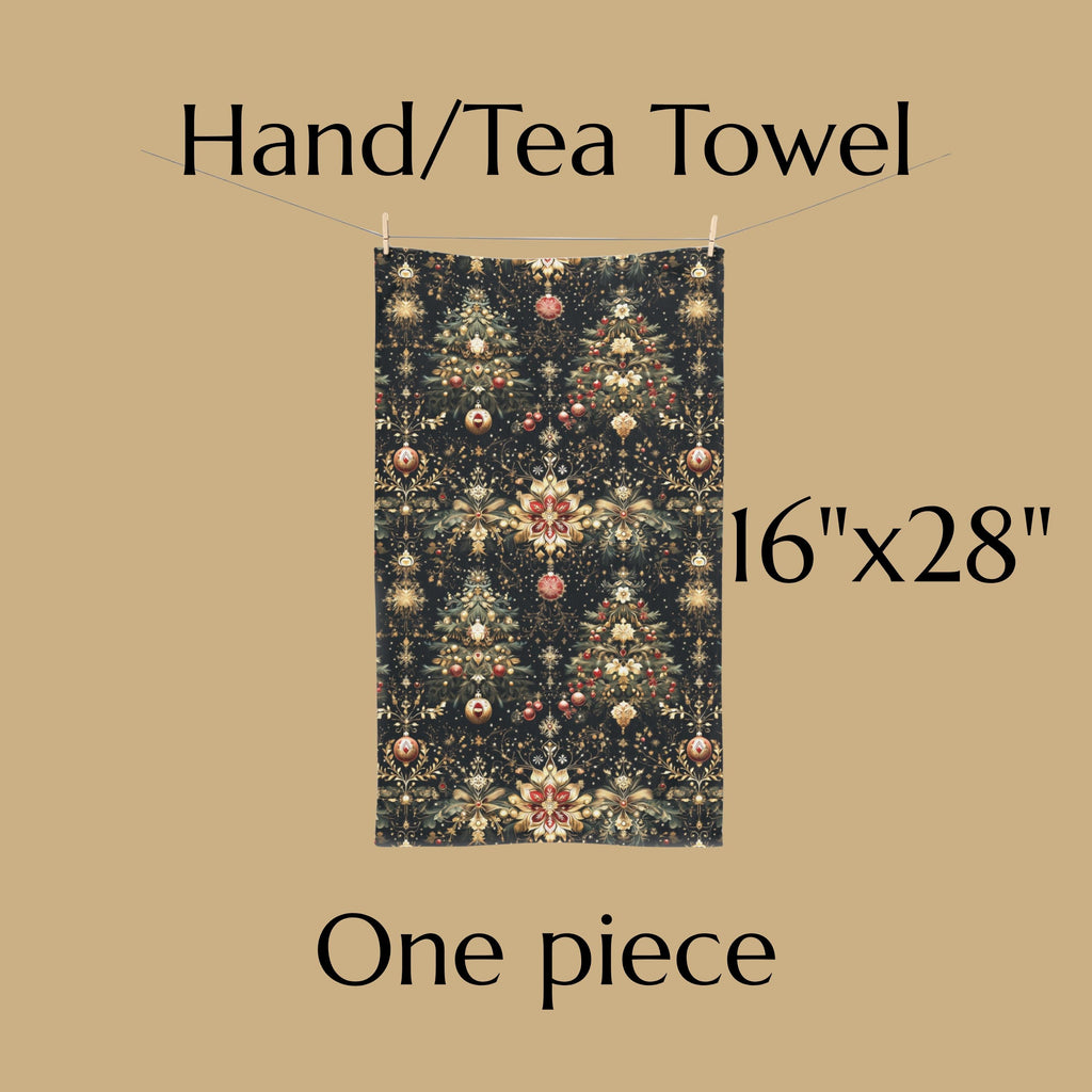 Christmas Tree Hand Towel: Luxe Gold Red & Green on Deep Charcoal Holiday Bath Decor