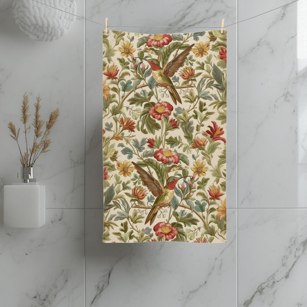 William Morris Hummingbird Hand Towel: Vintage Style Botanical Bird Floral Accent