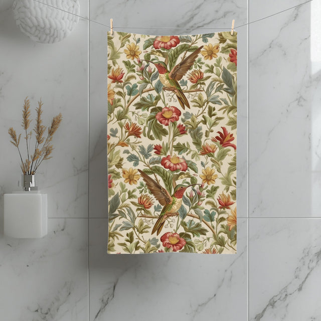 William Morris Hummingbird Hand Towel: Vintage Style Botanical Bird Floral Accent