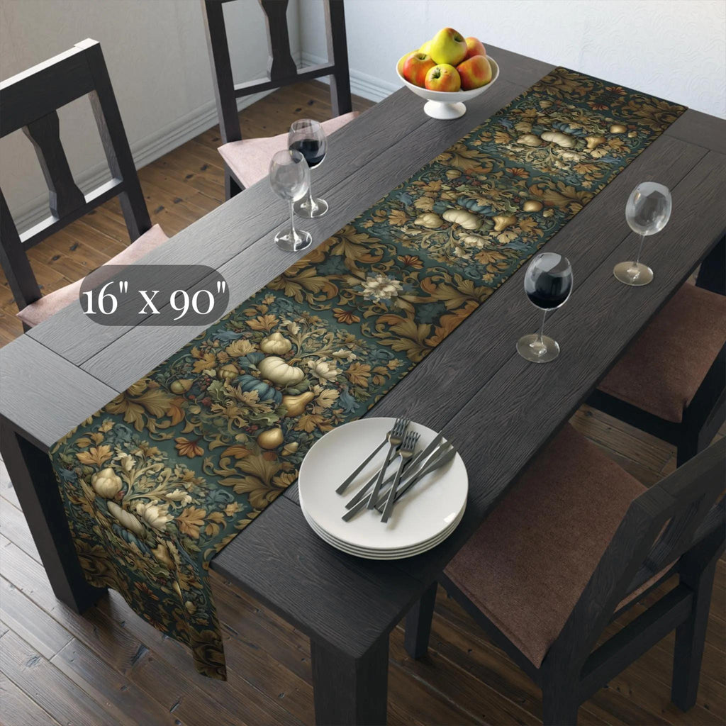 William Morris Inspired Autumn Table Runner: Teal, Gold, and Ivory Harvest Design