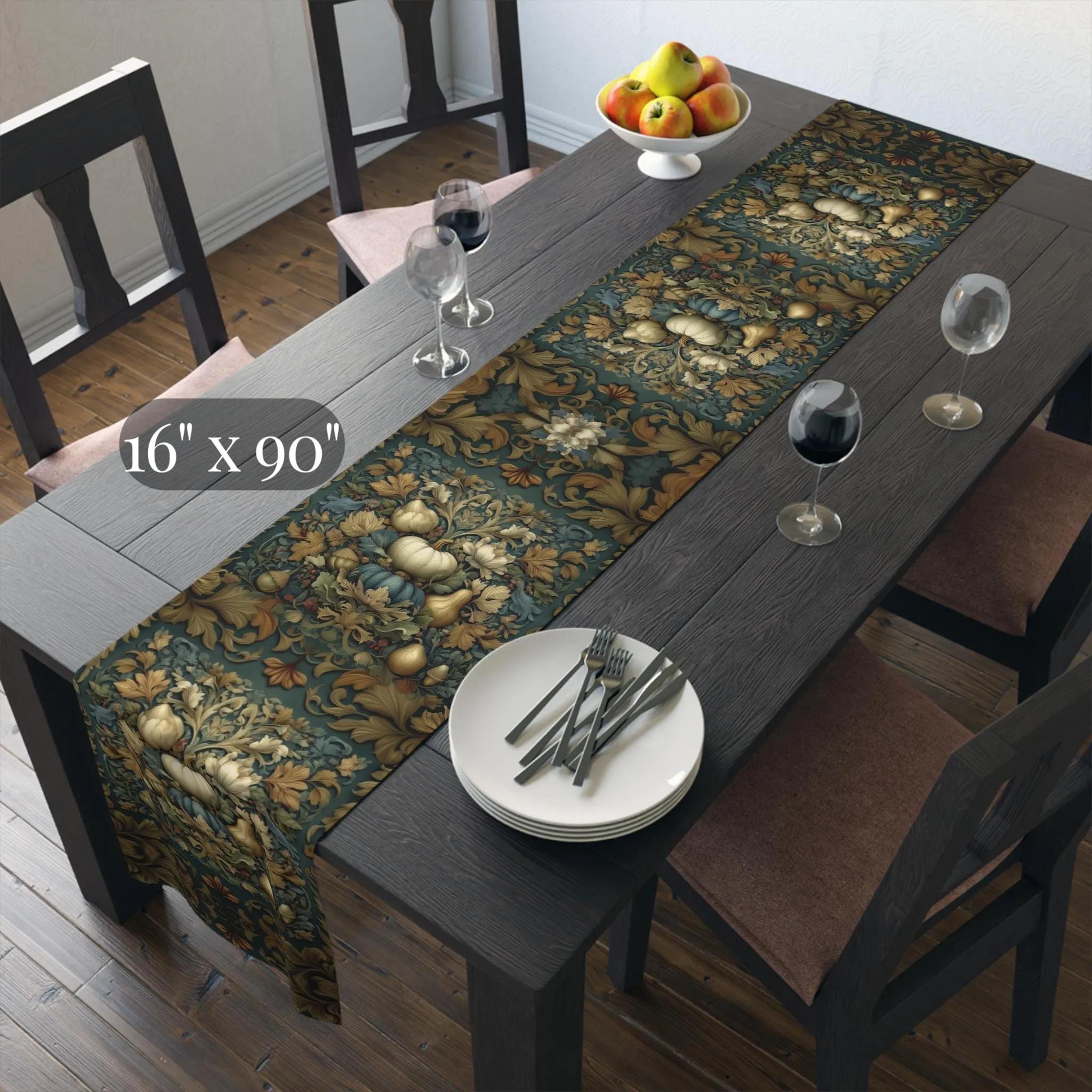 William Morris Inspired Autumn Table Runner: Teal, Gold, and Ivory Harvest Design