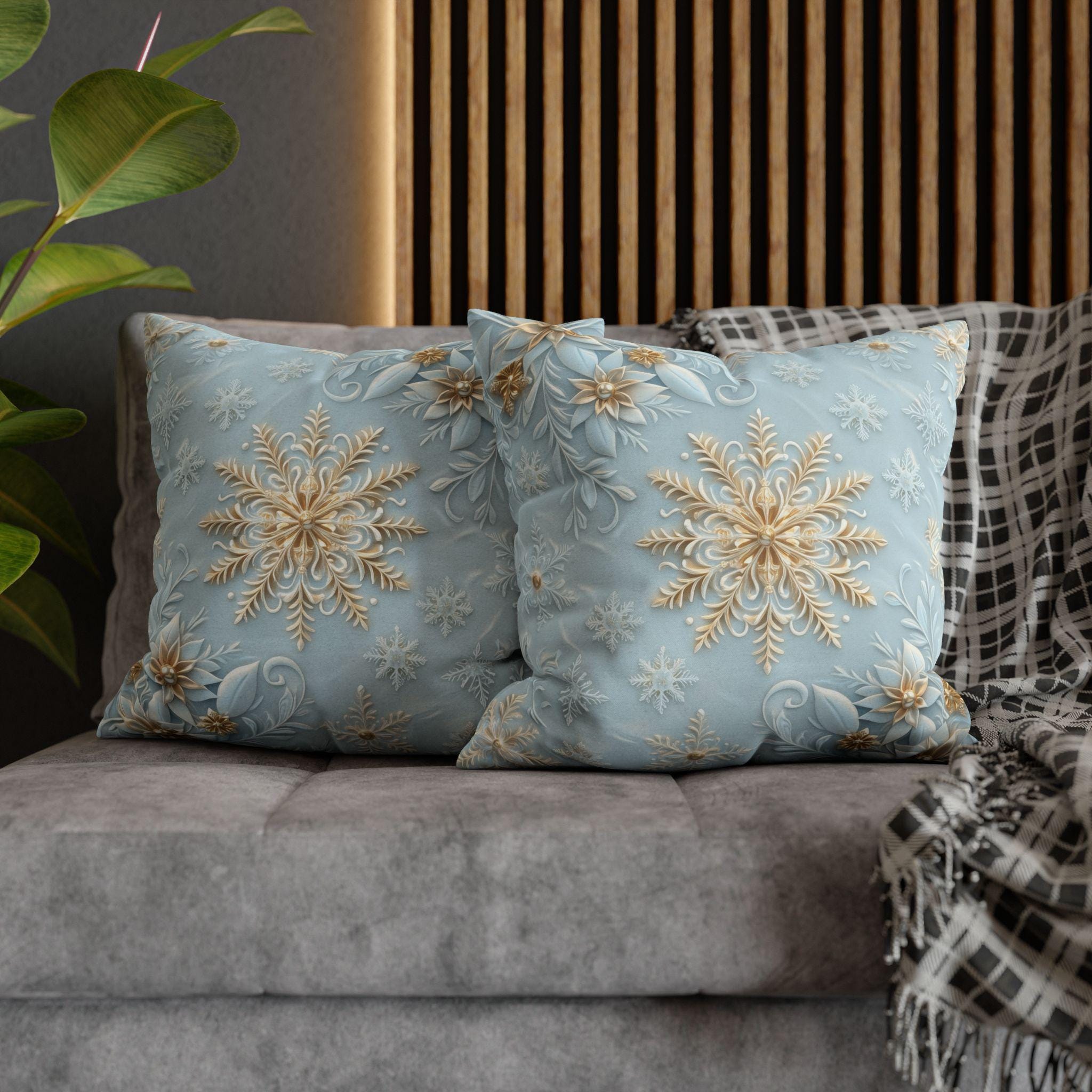 Gold Snowflake Pillow Cover, Elegant Winter Holiday Decor