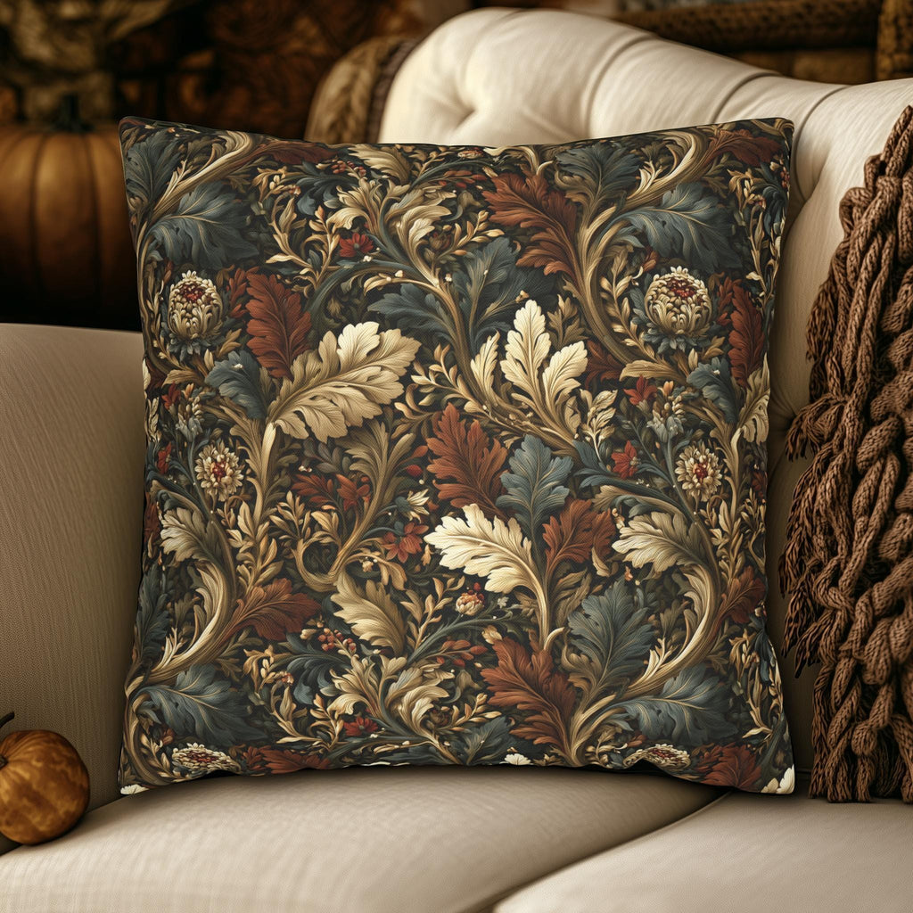Fall Leaves Pattern Pillow Cover: Vintage Botanical Accent Cushion in Rust, Blue, and Cream
