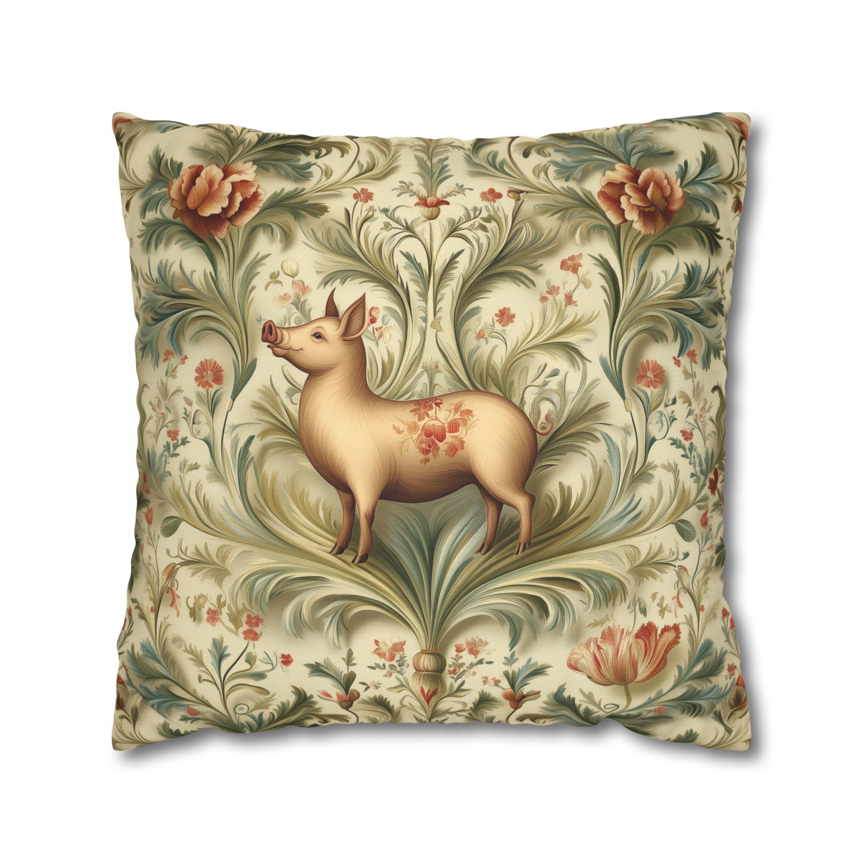 Vintage Style Proud Farm Pig Pillowcase: Botanical Floral Design for Rustic Farmhouse Decor