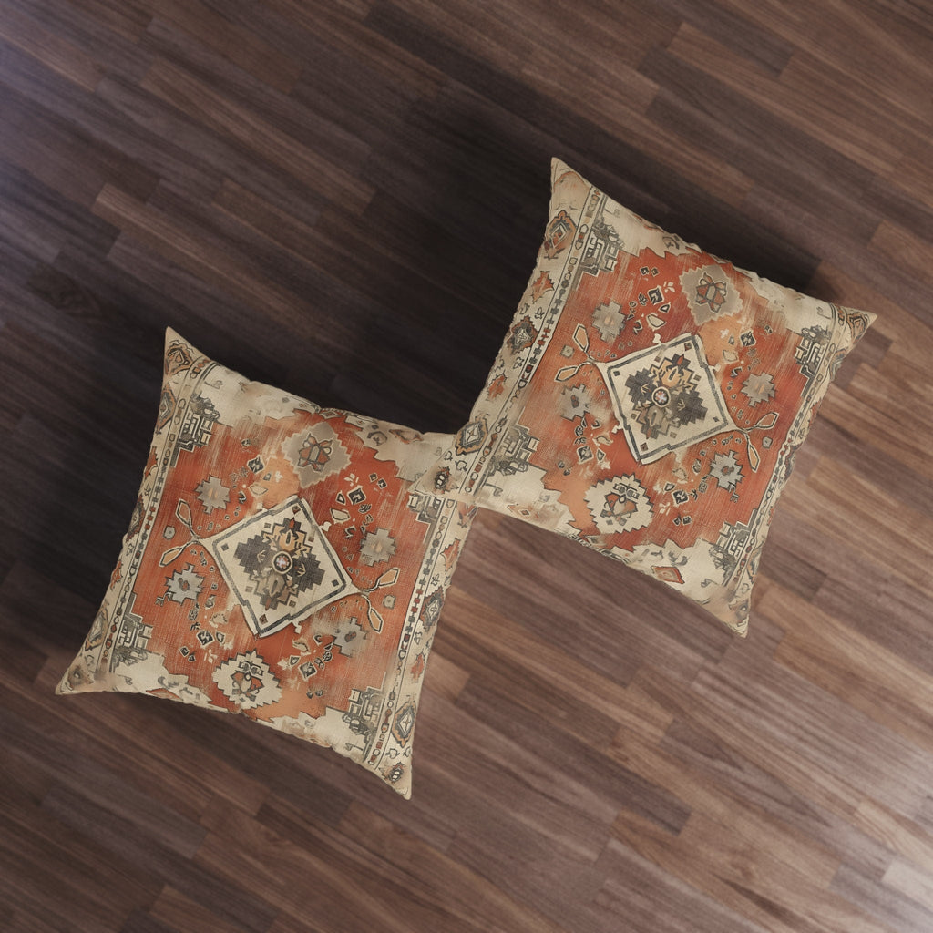 Persian Tribal Diamond Medallion Tufted Floor Cushion - Antique Tapestry Design Earth Tone Seating