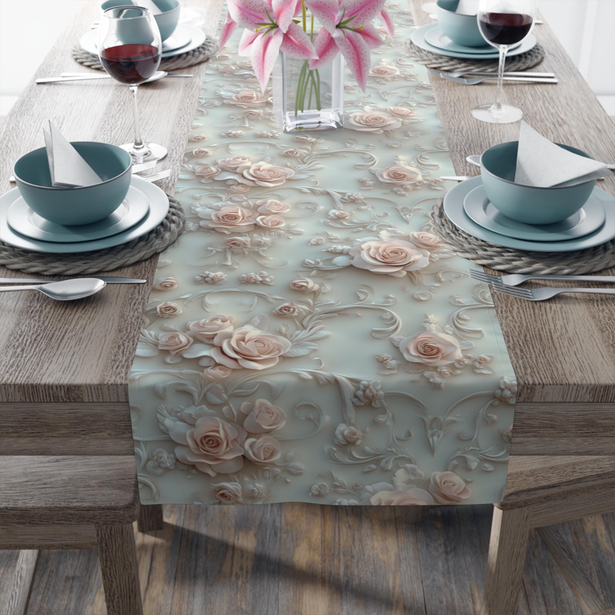 Soft Pink Roses Table Runner: Romantic Floral Dining Decor