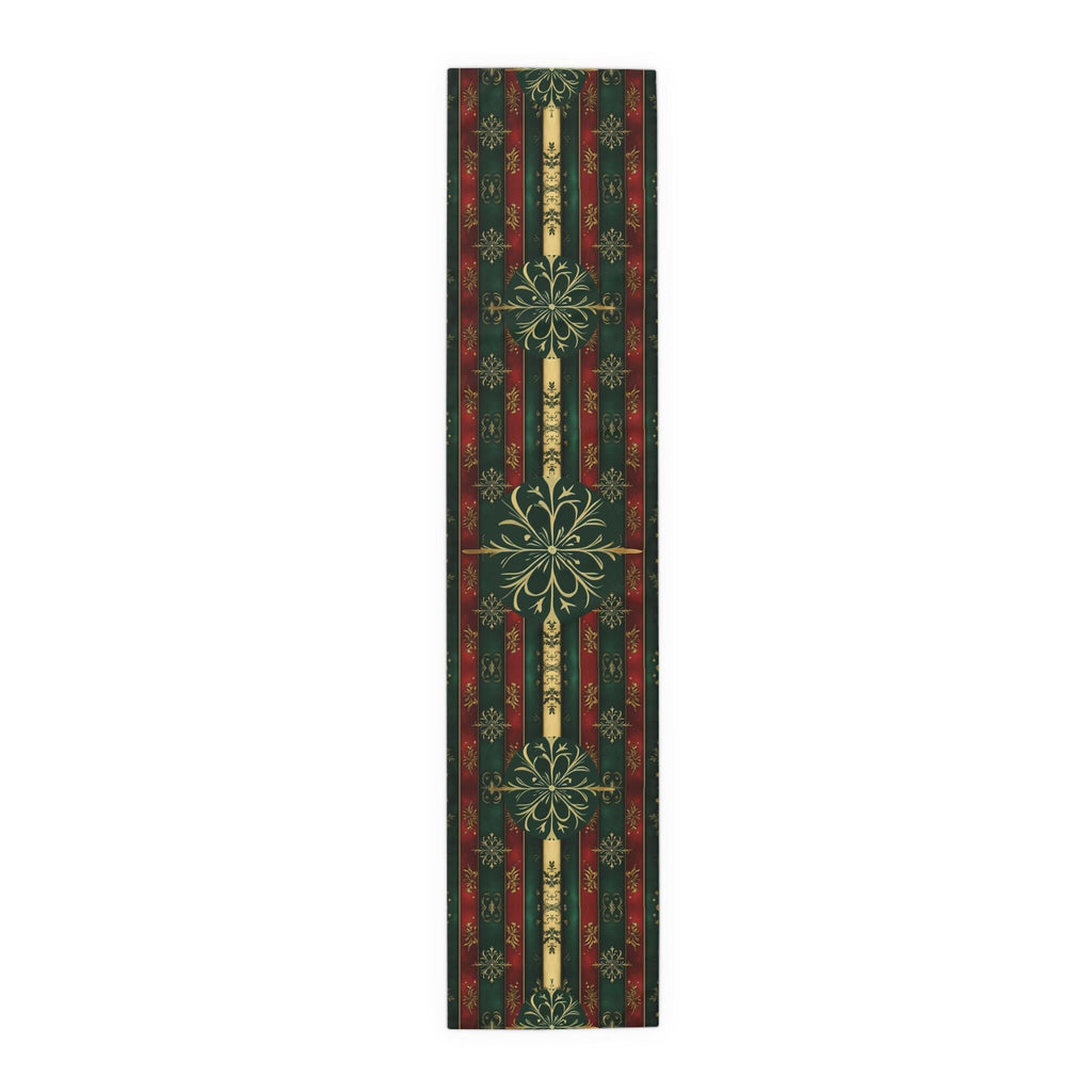 Elegant Christmas Table Runner: Green Red and Gold Snowflake Design