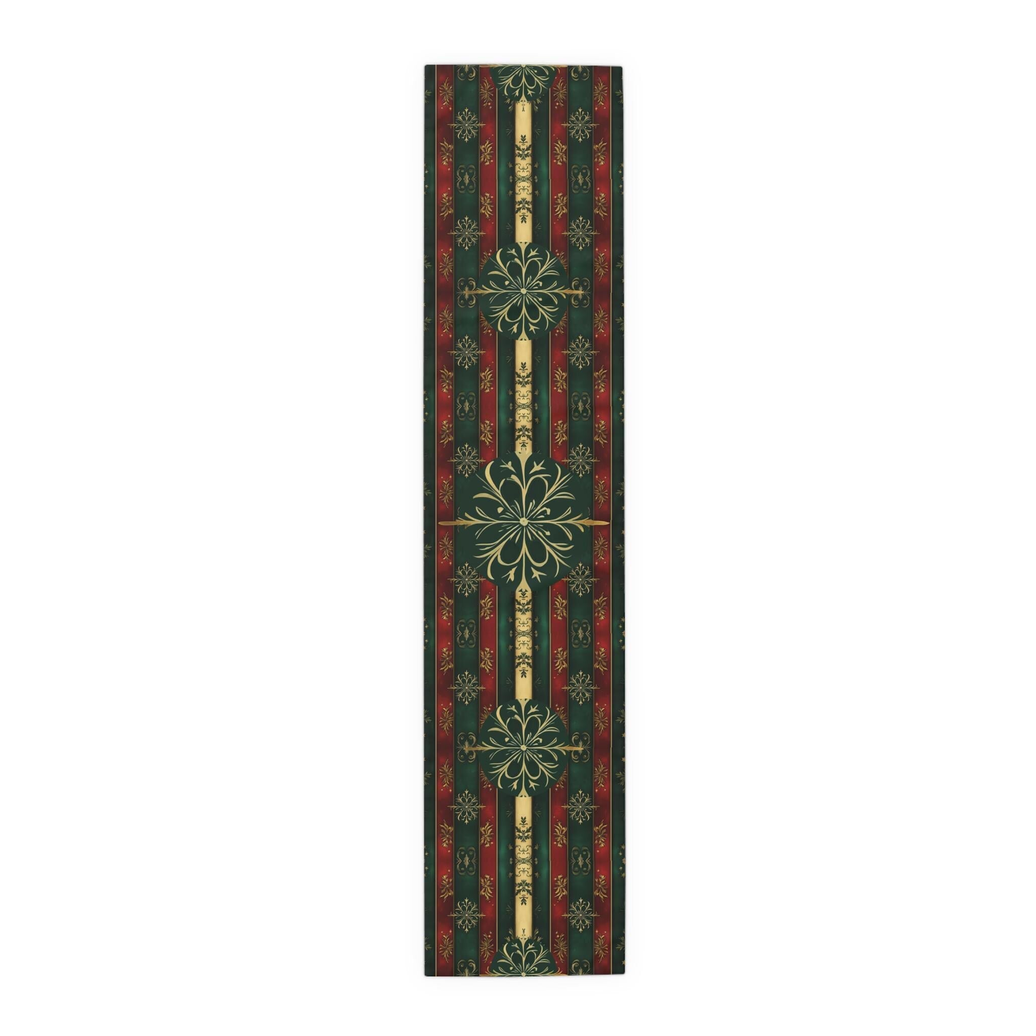 Elegant Christmas Table Runner: Green Red and Gold Snowflake Design