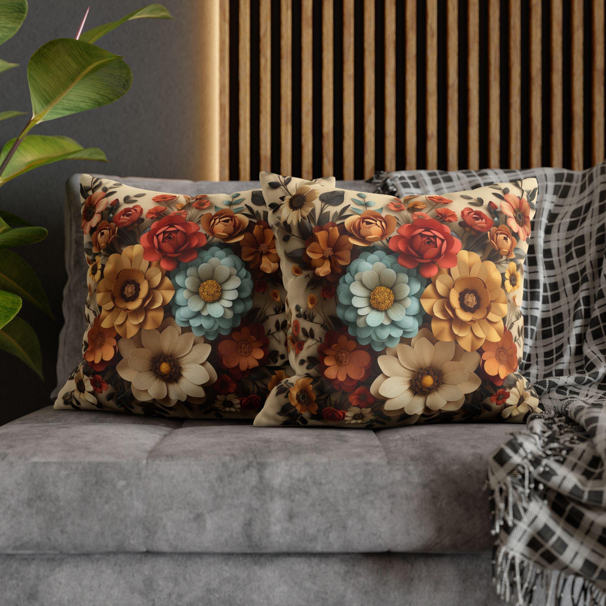 Autumn Floral Pillow Cover, Fall Flowers on Beige (14x14 to 20x20 inches)