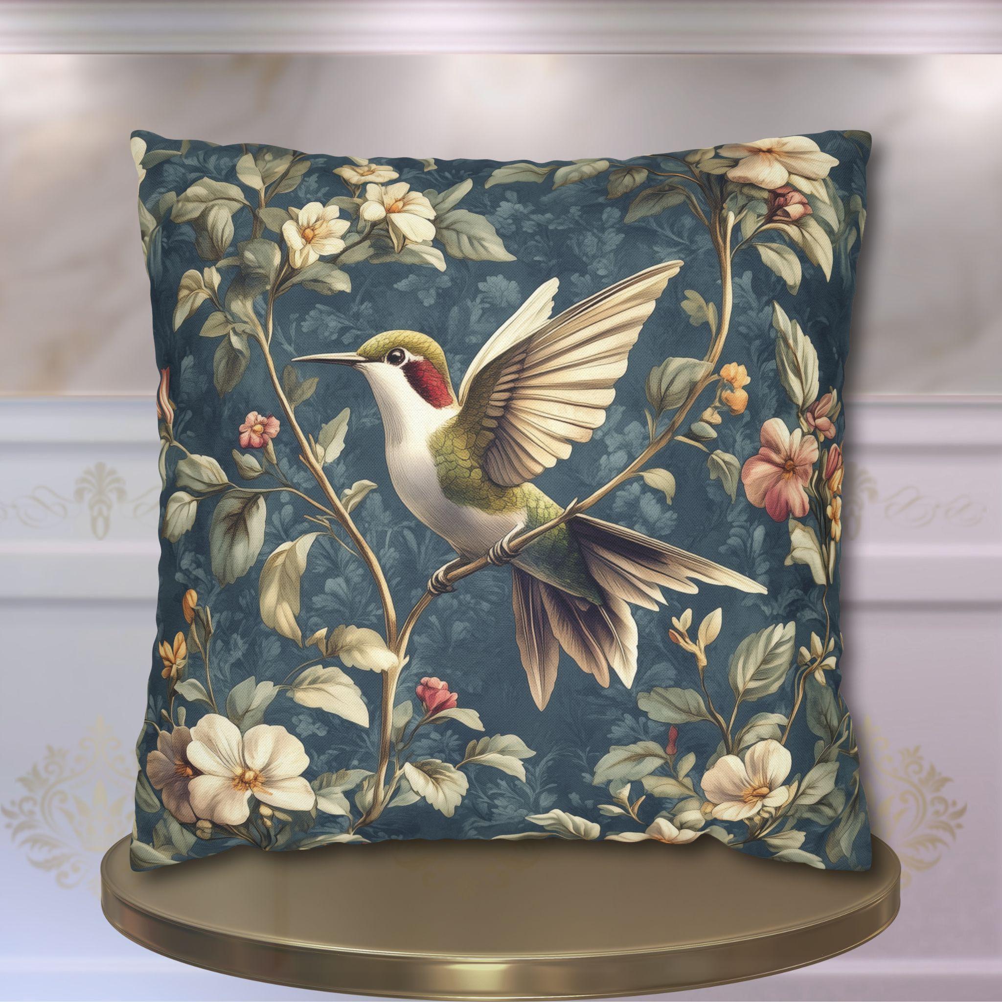 William Morris Inspired Hummingbird Pillow Cover: Vintage Floral Design with Botanical Elegance