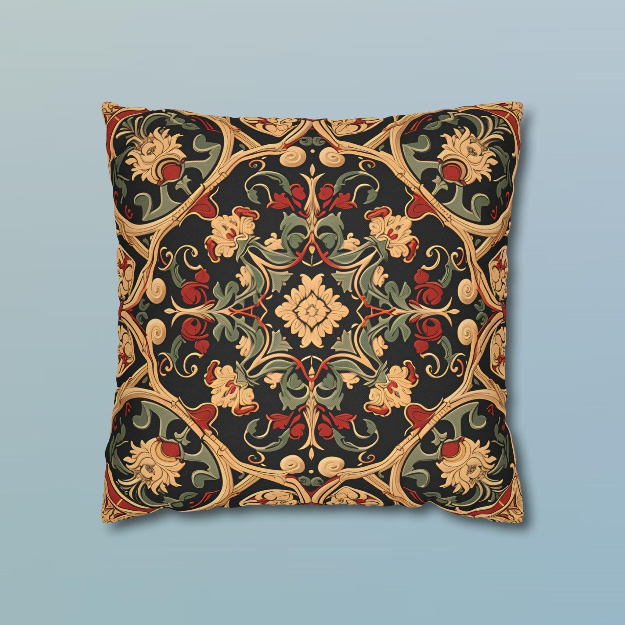 Renaissance Floral Pillow Cover: Red, Green & Gold on Dark Ground